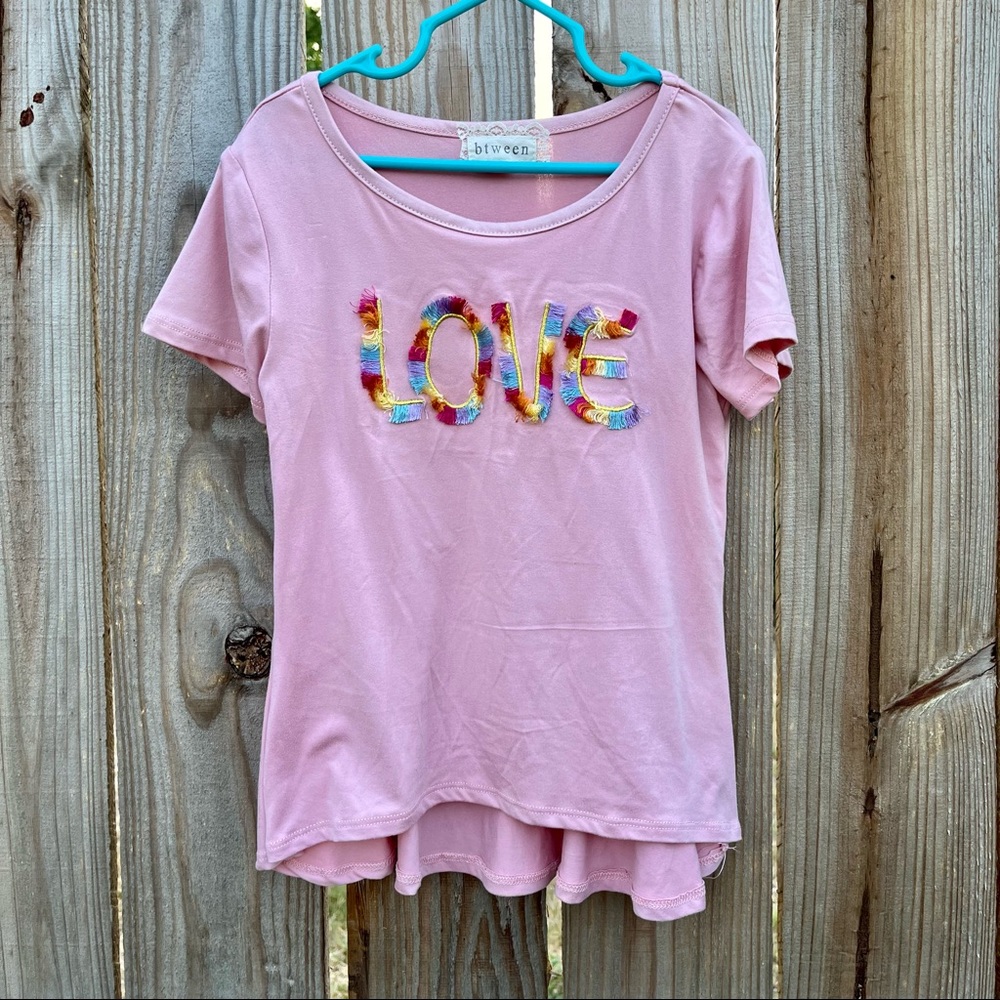 btween Size 6x Pink Shirt w/“Love” in Rainbow fringe threading Flare Bottom